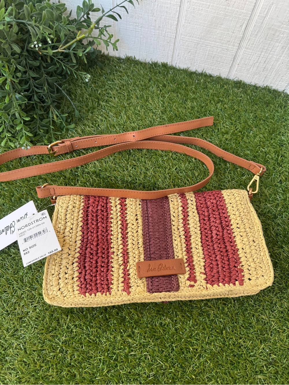 Woven Straw Shoulder Bag with Red-Brown Stripe Accent